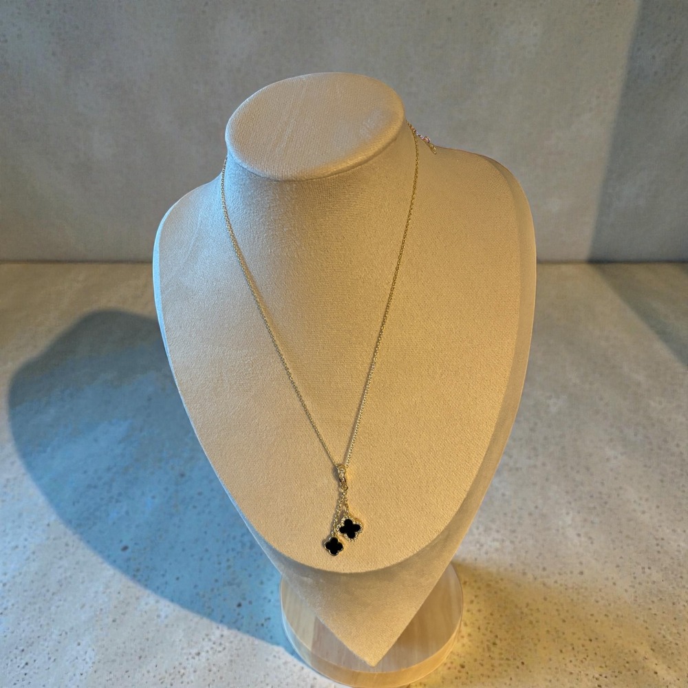 Gold Tone Double Clover Drop Necklace Black Enamel Adjustable Chain - Picture 2 of 5